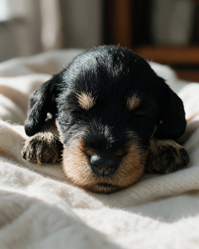 A wirehaired dachshund puppy resting its chin on a linen blanket by a window