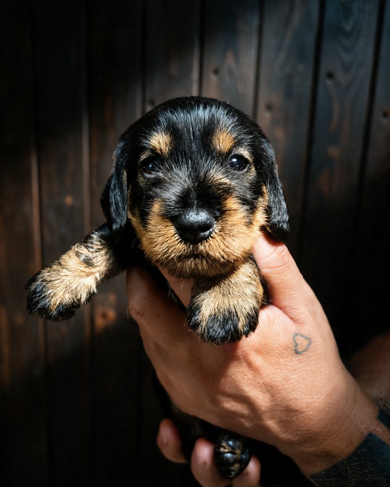 A wirehaired dachshund puppy held in a hand in front of a wooden wall