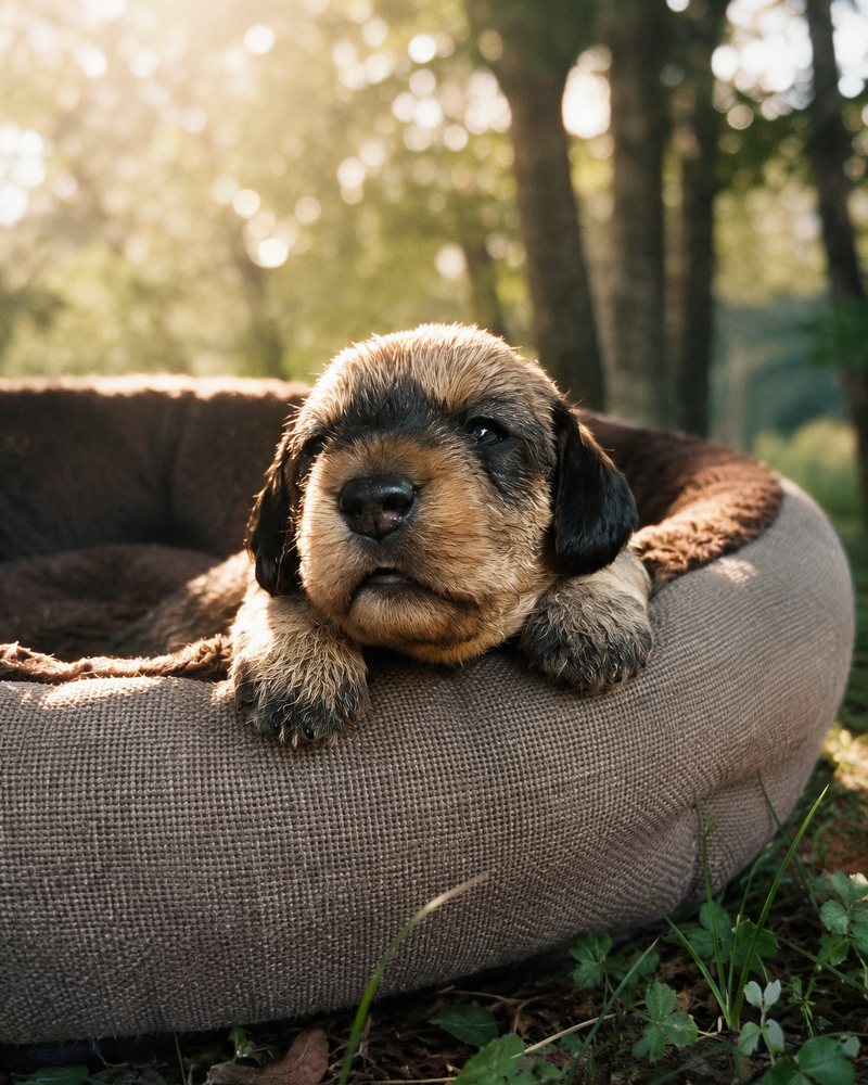 A wirehaired dachshund puppy lying in a dog bed in the garden, trees behind