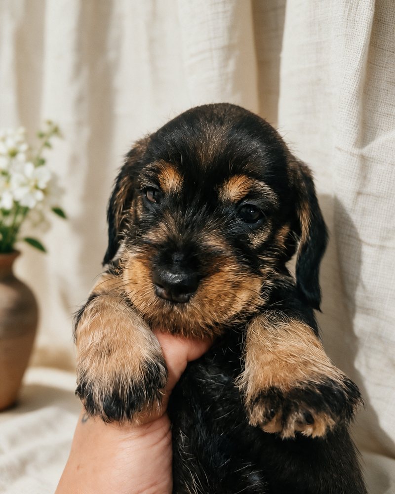 A wirehaired dachshund puppy held in a hand in front of a cream curtain