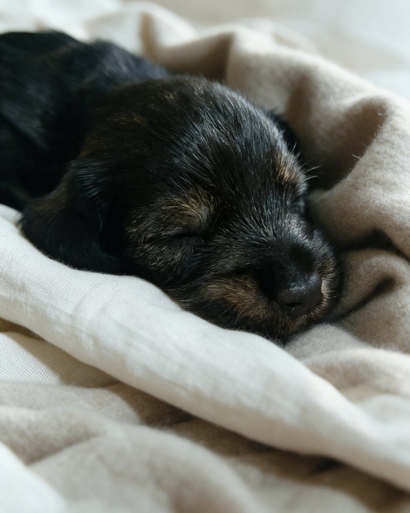 A newborn dachshund puppy asleep in a nest of linen blankets