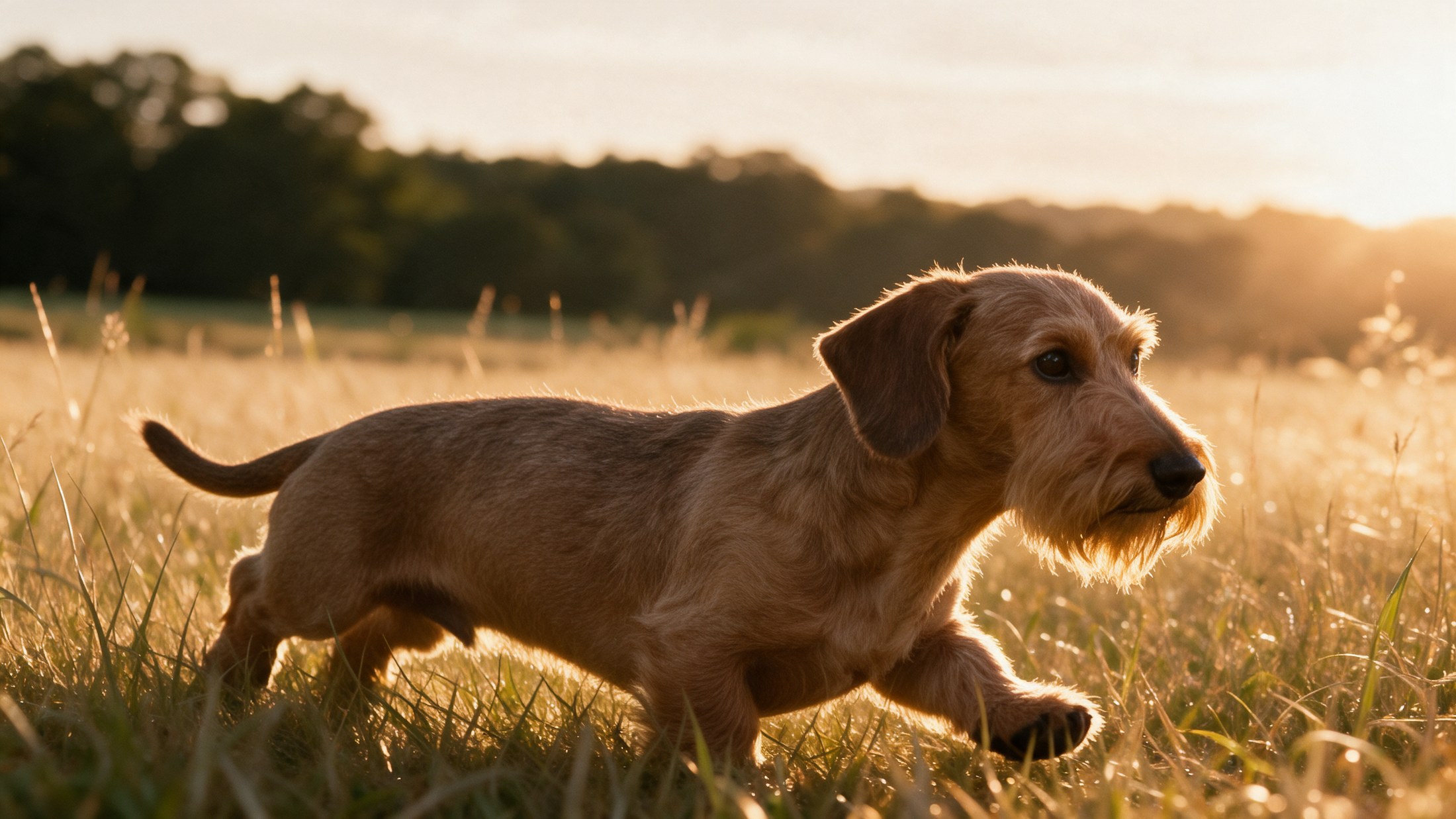 A wirehaired dachshund trotting through tall golden grass at sunset