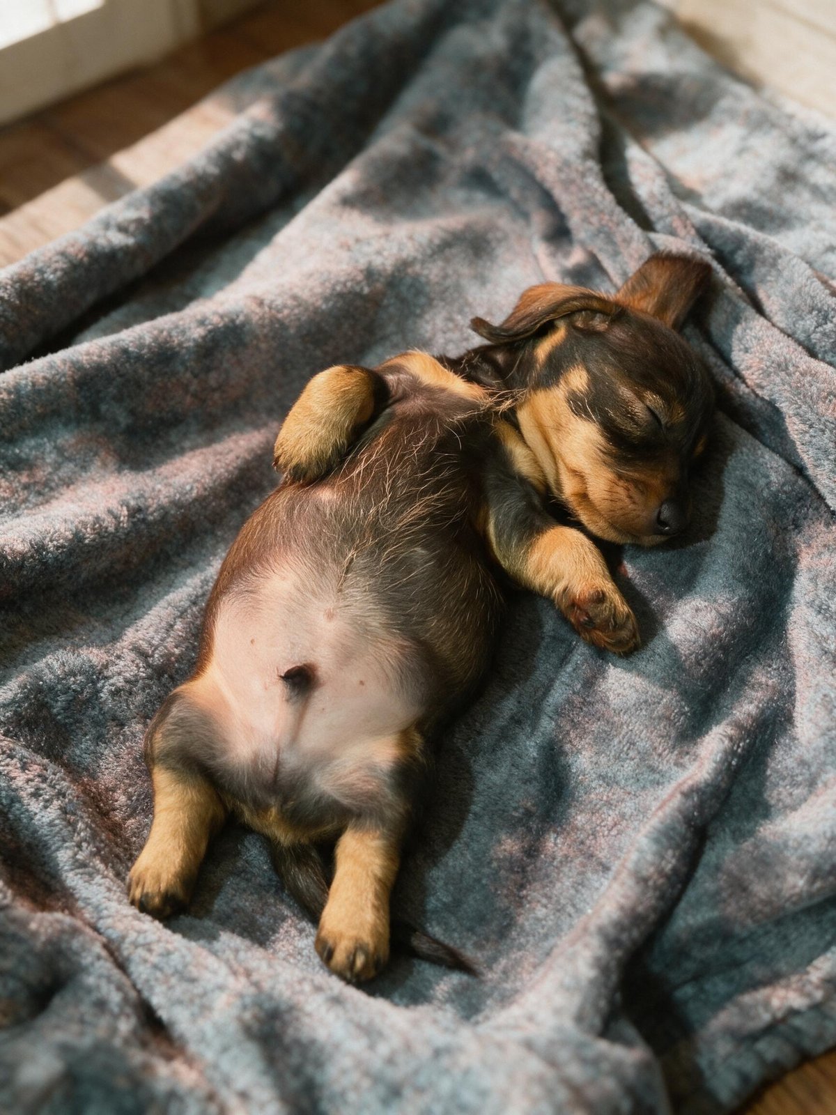 A newborn dachshund puppy asleep on its back on a wool blanket, paws folded