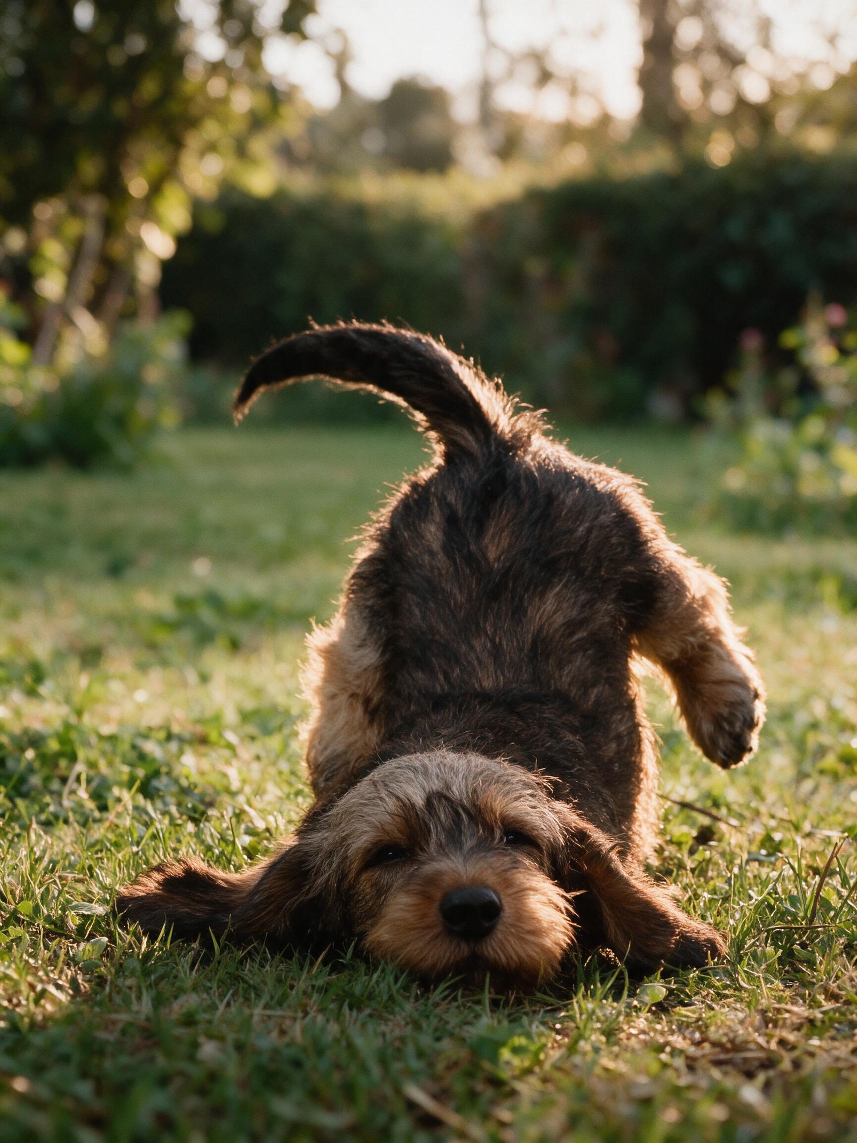 A wirehaired dachshund puppy tumbling head-first in the garden grass