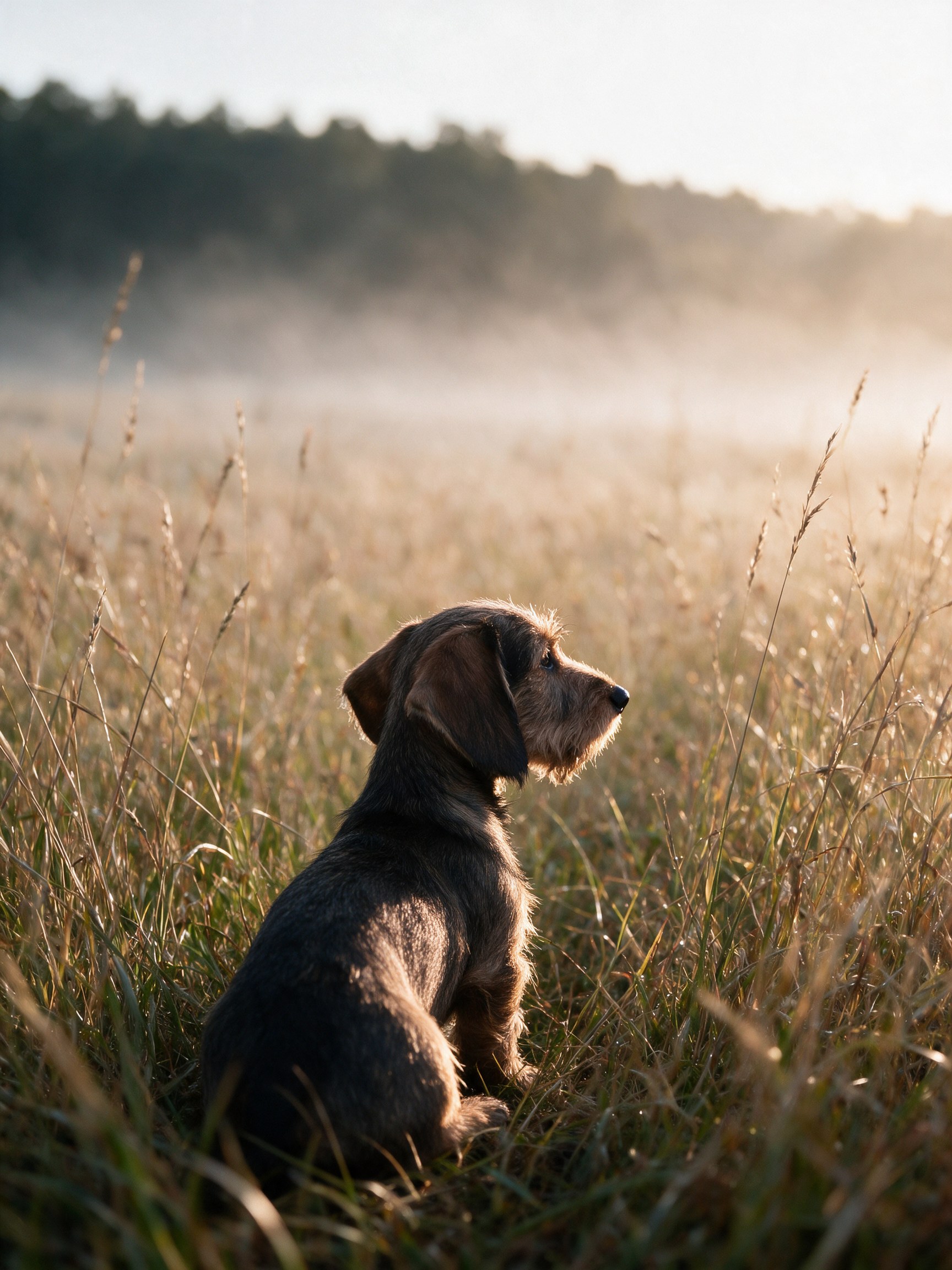 A young wirehaired dachshund standing in tall dawn grass, looking away toward the misted light